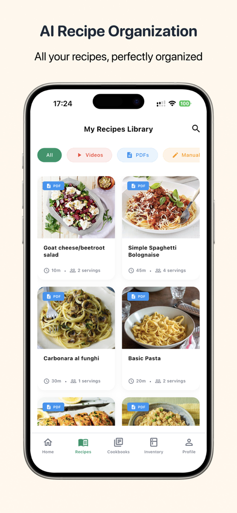 Clove Cook - Recipe Organizer - Clove Cook app interface showing a digital recipe library with AI organized meal cards and filters for videos and PDFs