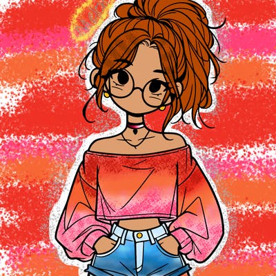 girl with a messy ponytail glasses a baggy crop top and jean shorts