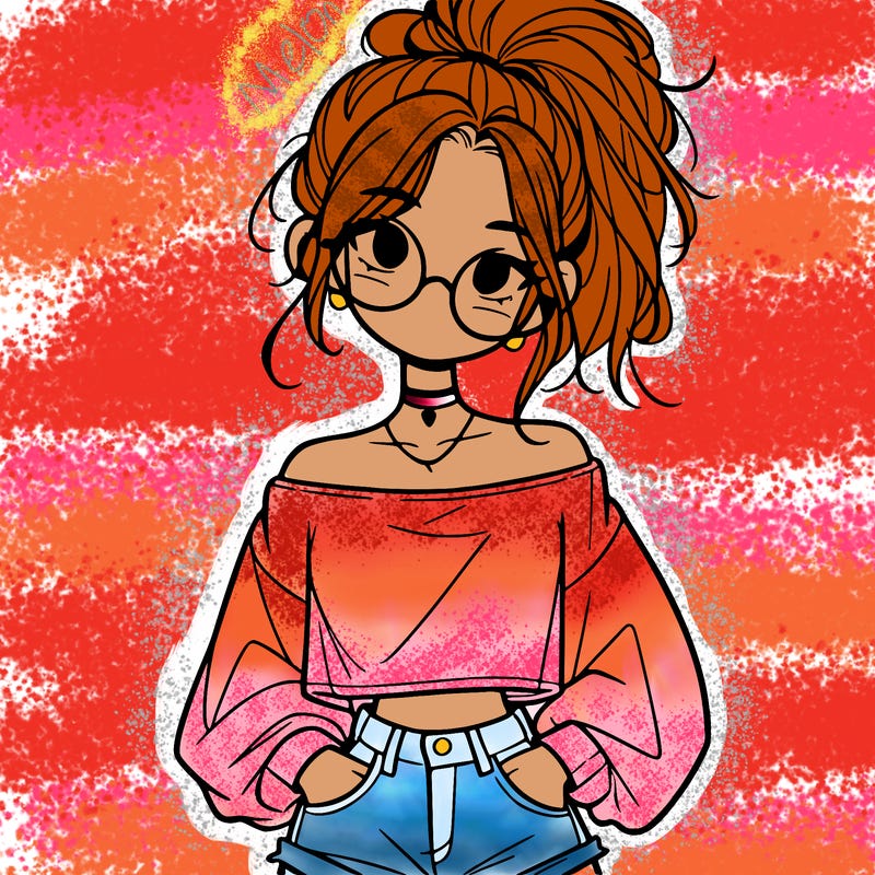 girl with a messy ponytail glasses a baggy crop top and jean shorts