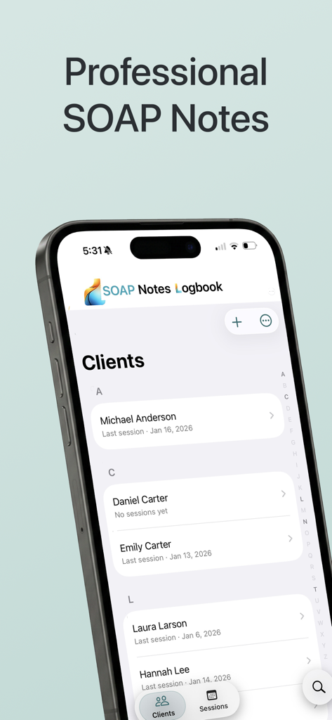 SOAP Notes Logbook - SOAP Notes Logbook app client list interface on iPhone