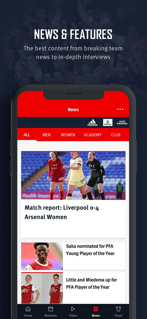 Arsenal Official App - Seção de notícias e recursos do Aplicativo Oficial do Arsenal mostrando artigos sobre as equipes masculina e feminina.