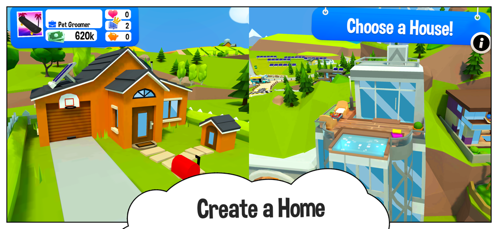 Uma comparação lado a lado de uma casa suburbana e uma cobertura moderna em The Game of Life 2.