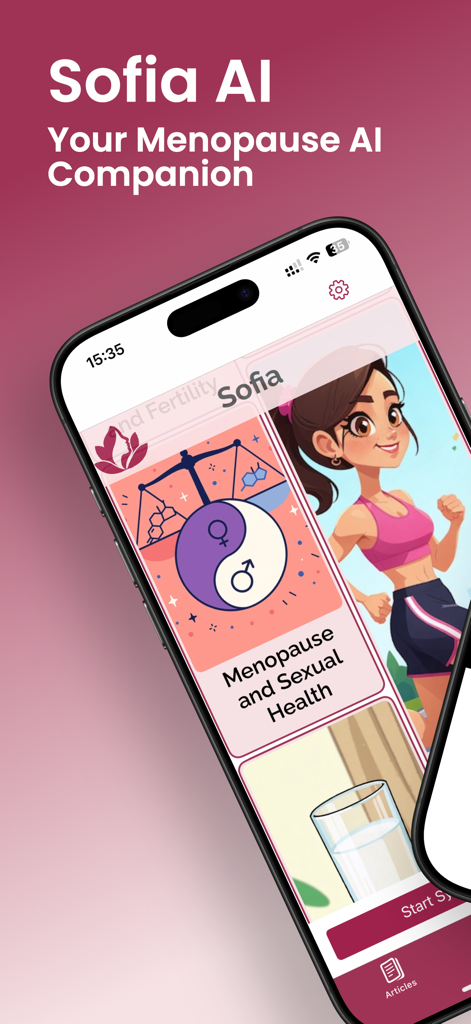 Sofia AI mobile app interface showing menopause and sexual health articles