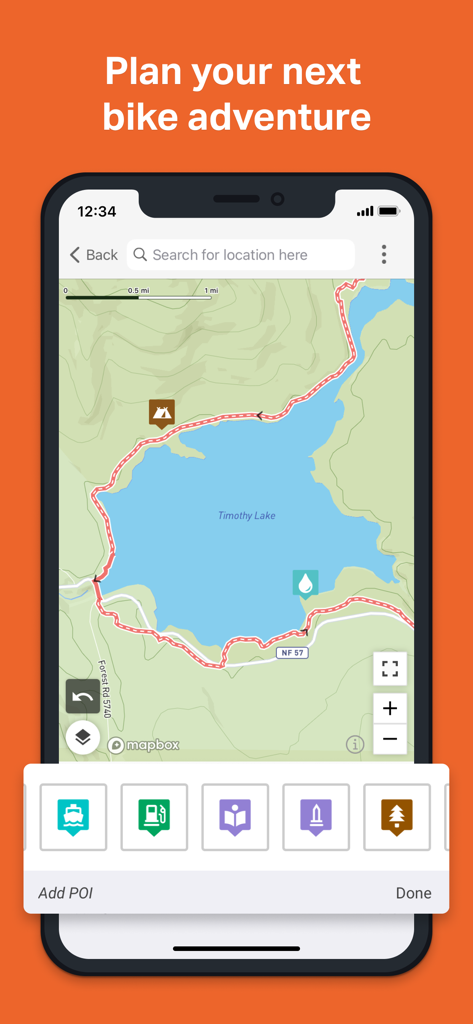 Ride with GPS: Bike Navigation - Una interfaz de aplicación móvil que muestra un plan de ruta ciclista detallado alrededor de un lago con marcadores personalizados
