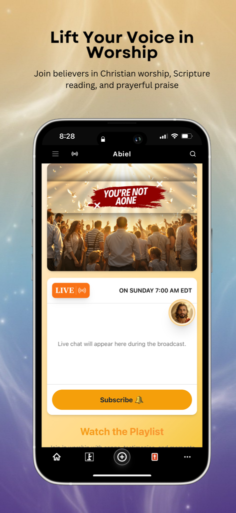 Abiel – Prayer Companion - Interfaz de la aplicación Abiel que muestra una sesión de adoración cristiana en vivo y funciones de comunidad de oración