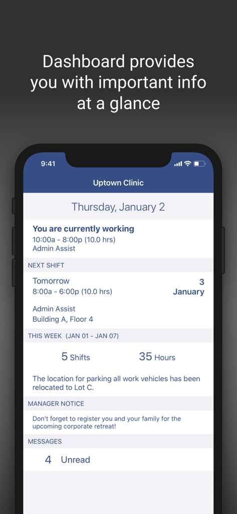WhenToWork Employee Scheduling - WhenToWork app dashboard displaying employee shift details, weekly hours summary, and manager notices.
