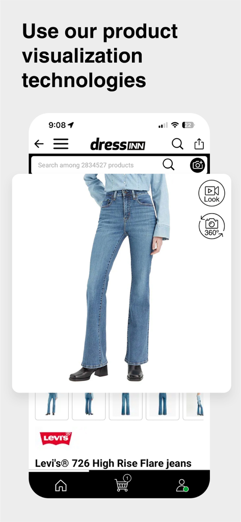 Tradeinn - Interface de l'application mobile Tradeinn présentant un jean Levi's taille haute évasé avec vue à 360 degrés et aperçu vidéo