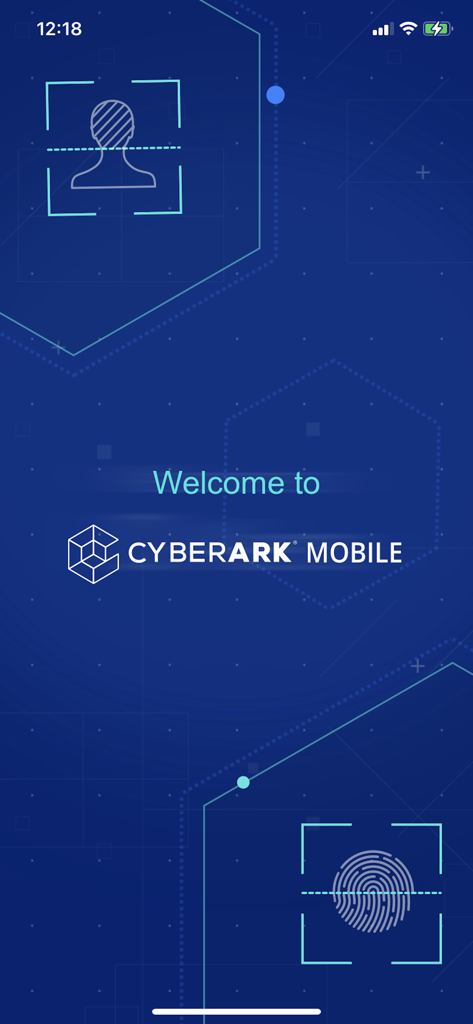 CyberArk Mobile - Tela de boas-vindas do CyberArk Mobile apresentando ícones de autenticação biométrica Face ID e impressão digital em um fundo técnico azul escuro