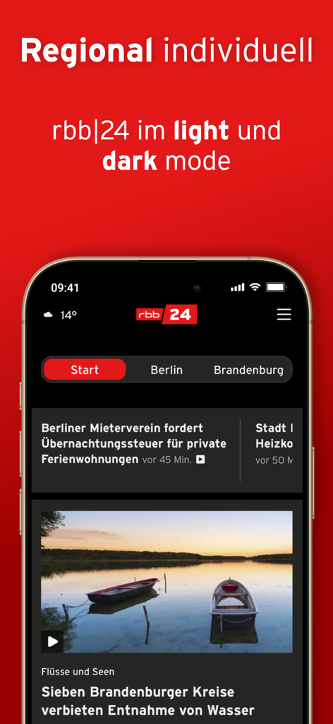 rbb24 – regionale Nachrichten - The rbb24 news app interface displayed in dark mode on a smartphone featuring regional news for Berlin and Brandenburg.