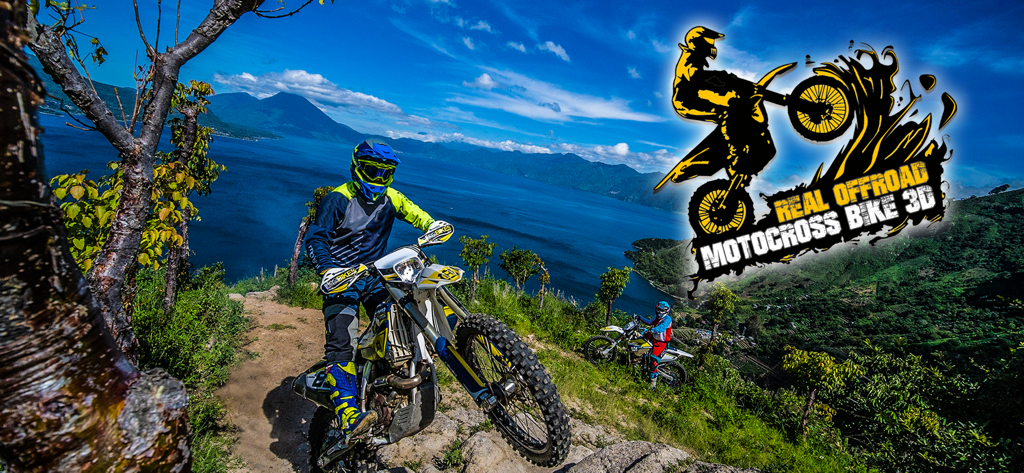 Wheelie Offroad Moto 3D Stunts - Un piloto de motocross en una moto de cross mirando un pintoresco lago de montaña en el juego Stunts de Moto Wheelie Offroad 3D.