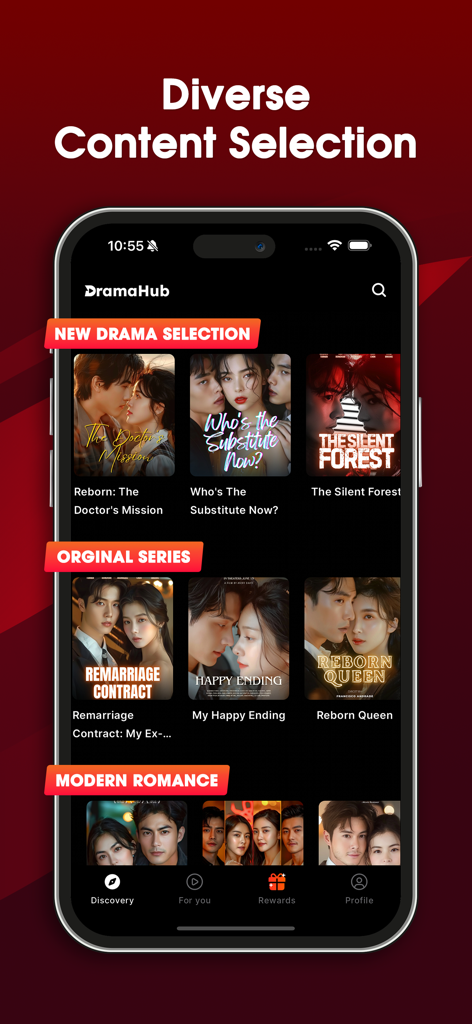 DramaHub: Daily Drama Shorts - L'interface de l'application DramaHub affichant diverses catégories de drames en format court comme la nouvelle sélection de drames et les séries originales.