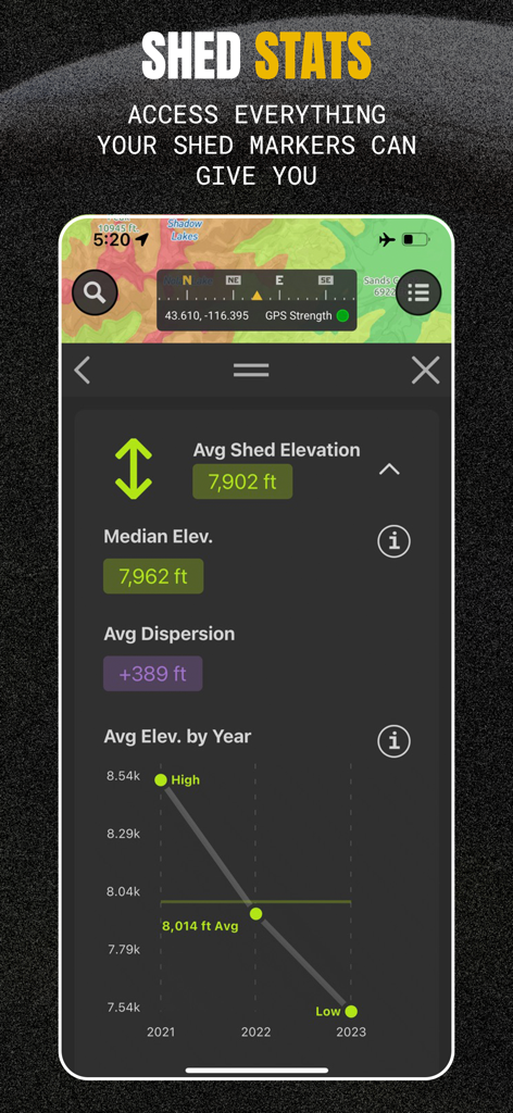 Scout To Hunt: Shed Hunt Maps - Mobile app interface showing shed hunting statistics and average elevation data.