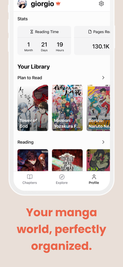 MangaTime app profile screen displaying reading time statistics and an organized library of manga series