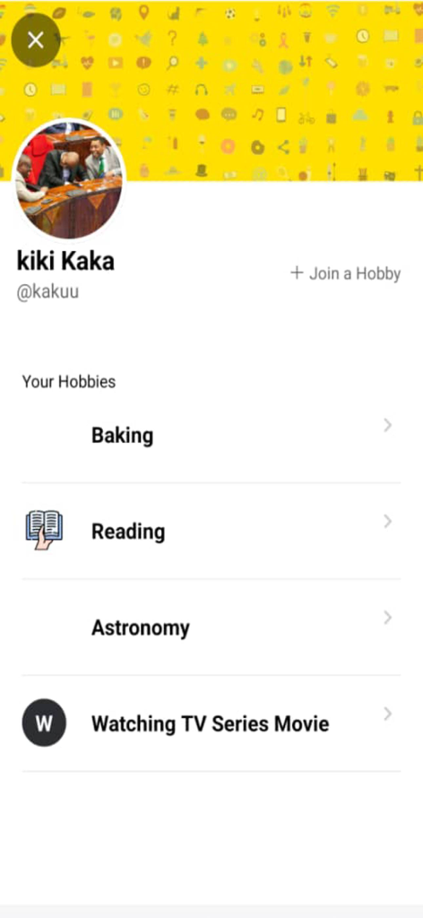 Hobbee - 선택한 취미 목록을 표시하는 Hobbee 앱의 사용자 프로필 화면