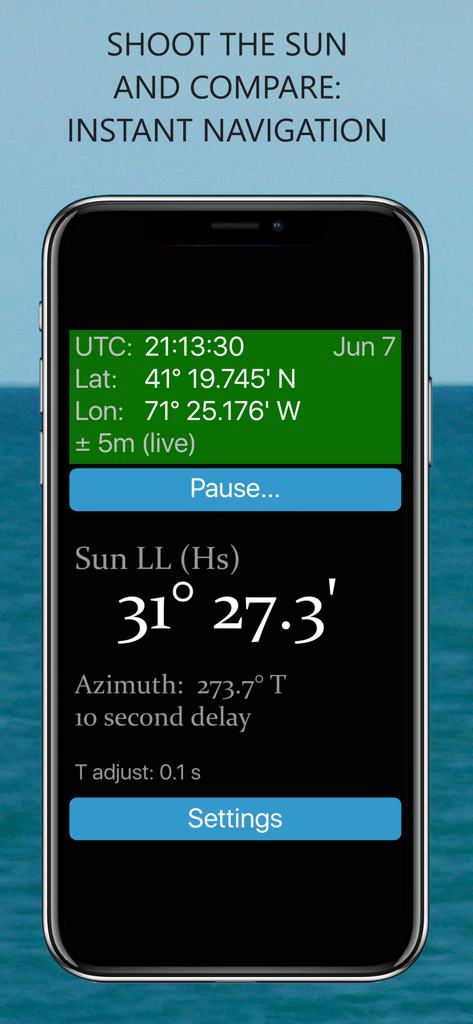 Interface of GPS Anti Spoof Pro app showing sun altitude and maritime coordinates
