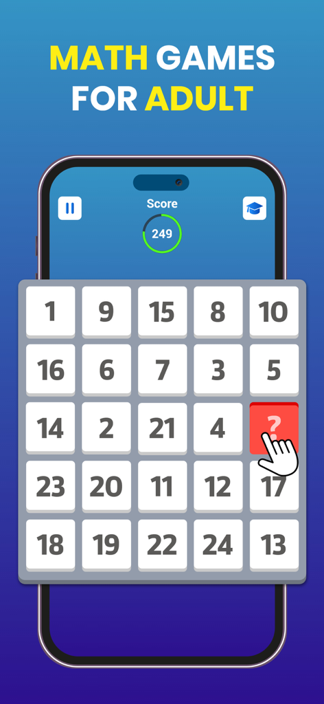 Brain Test Puzzle : IQ Games - Mobile app screenshot of a math puzzle for adults featuring a grid of numbers for cognitive training.
