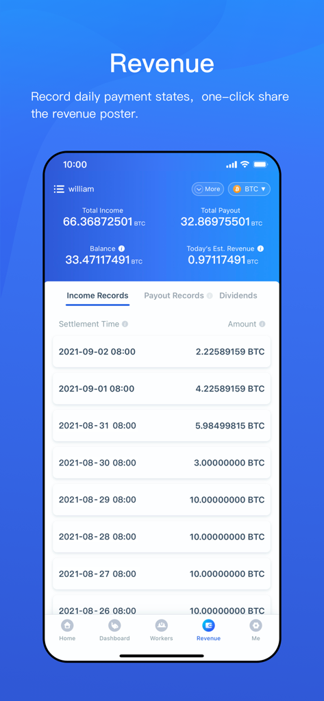 F2Pool - F2Pool mobile app screen showing Bitcoin mining revenue and income history