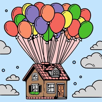 house floating from lots of balloons