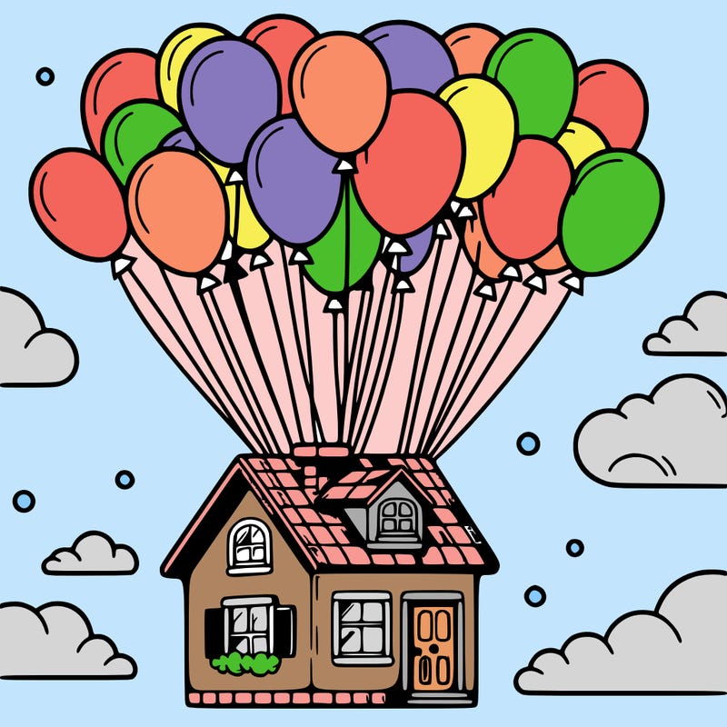 house floating from lots of balloons