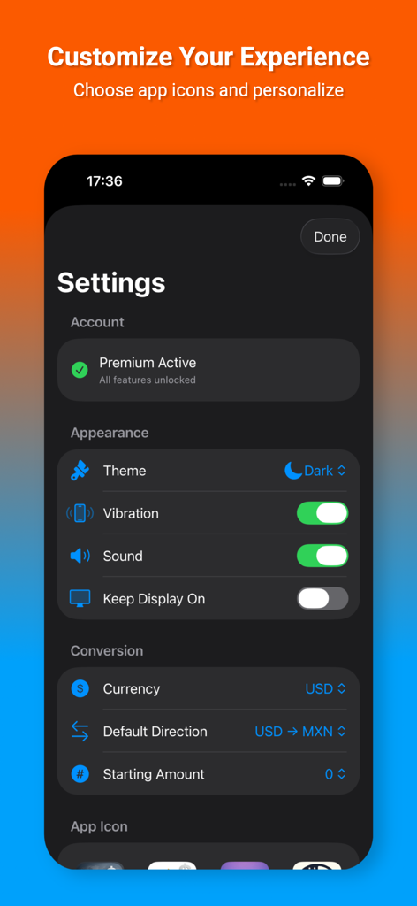 Convert Pesos to Dollars - Personalization and settings screen of the Convert Pesos to Dollars app featuring theme and currency options.