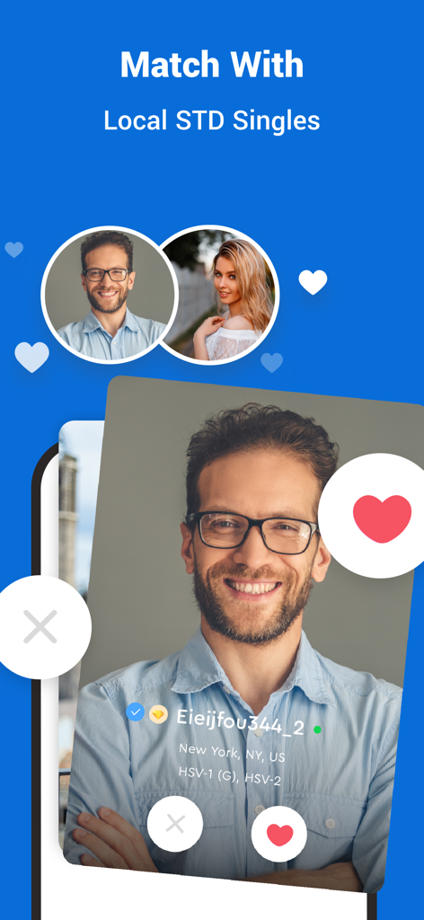 Positive Singles app interface showing a user profile for local dating with HSV status in New York