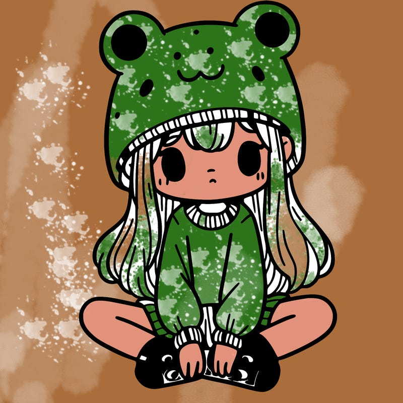 a girl wearing a frog hat and some frog socks
