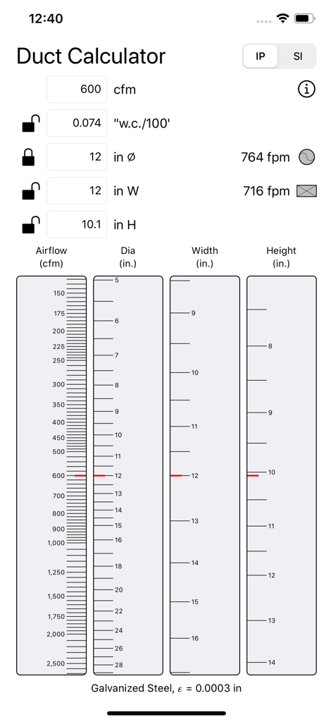 HVAC duct calculator mobile app interface showing airflow and sizing sliders for professionals