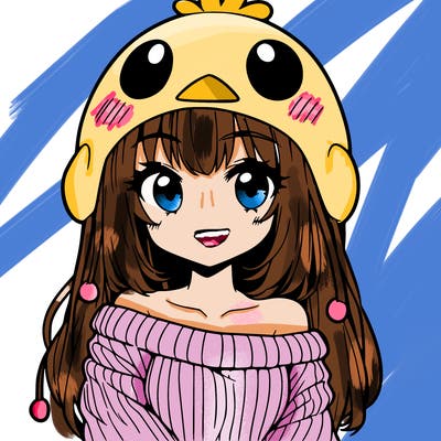 anime girl with chick shaped hat with sweater with bare shoulders with bangs covering them one eye with low tail
