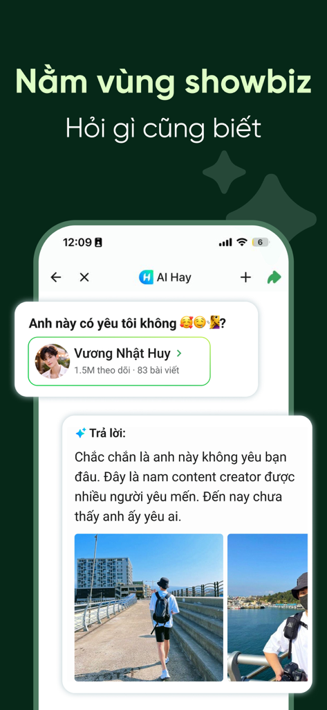 Interface de l'application AI Hay montrant un assistant IA répondant à des questions sur un influenceur de médias sociaux avec des images et des détails vérifiés