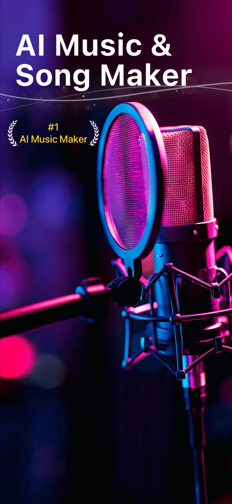 AI Music Generator, Song—Waazy - Un micrófono de estudio profesional bajo luces de neón rosa y azul para la aplicación Waazy AI Music and Song Maker.