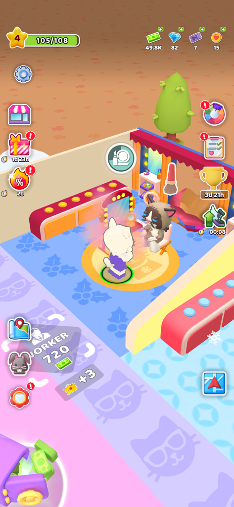 Purrfect Cat Club: Pet Salon - Un personaje gato maquillando a un gatito cliente en un colorido salón de mascotas