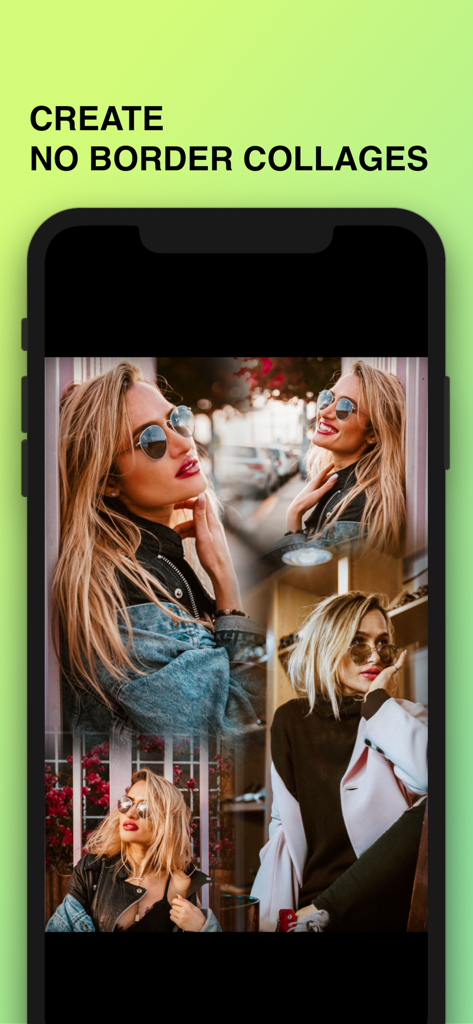 Photo Collage Maker : Pic Grid - Pantalla de smartphone que muestra un collage de fotos sin borde de una mujer en varias poses elegantes.