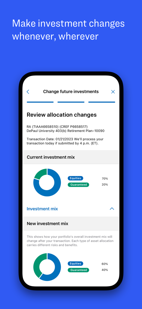 TIAA - TIAA mobile app screen showing current and new investment mix allocation charts