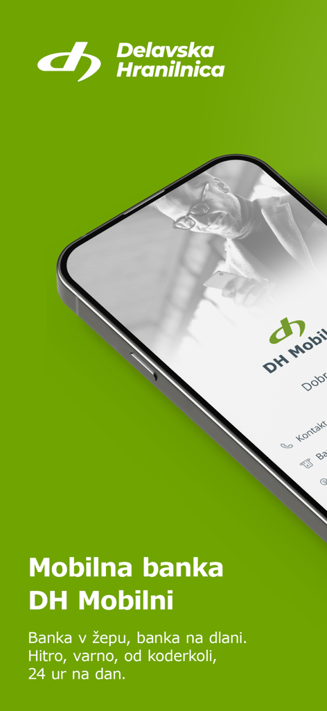 DH Mobilni - Schermata di benvenuto dell'app di mobile banking DH Mobilni su uno smartphone.