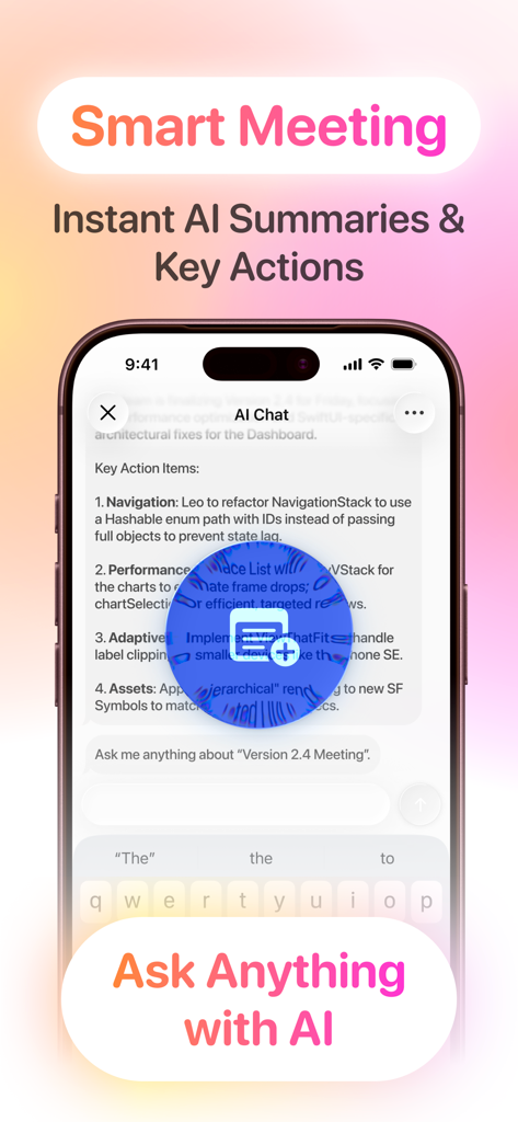 AI Lecture Note Taker - AI Chat interface in the AI Lecture Note Taker app showing smart meeting summaries and key action items on an iPhone.