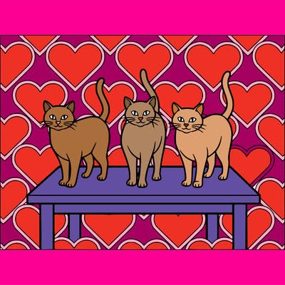 three large cats standing on a table with a heart backround