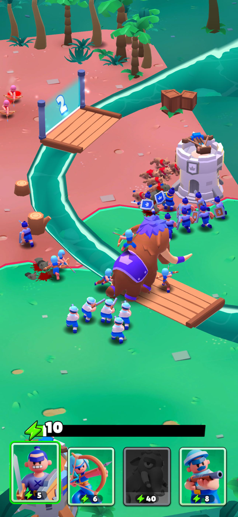 Real-time pvp battle in Draw Arena showing a giant armored mammoth and soldiers attacking an enemy tower on a colorful map.