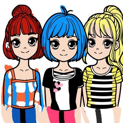 three girls: two girls with short hair ,and a girl with a long ponytail