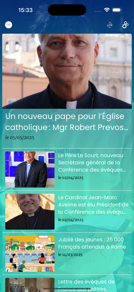 Eglise catholique en France - News feed interface of the Eglise catholique en France mobile app displaying religious articles and updates