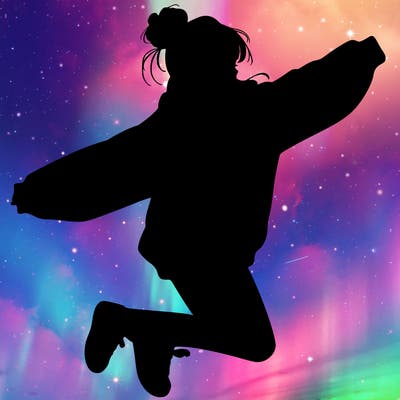 realistic girl jumping with a bun and oversized sweatshirt