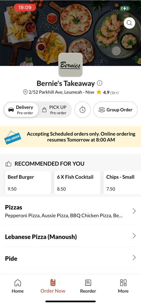 Bernies Takeaway app interface showing menu categories and recommended food items