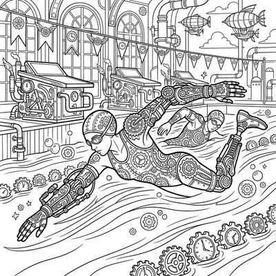 Immerse yourself in a fascinating blend of adaptive sports and Steampunk artistry with this unique coloring page. Featuring para swimmers adorned with intricate gears and retro-futuristic details, this design offers a truly imaginative coloring experience.