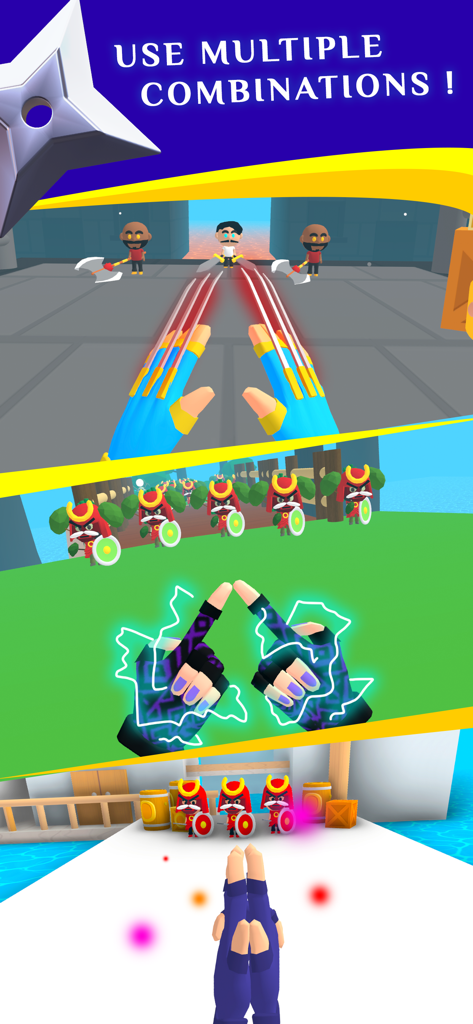 Ninja Hands - Captura de pantalla del juego Ninja Hands que muestra gestos de mano en primera persona y habilidades de combate.