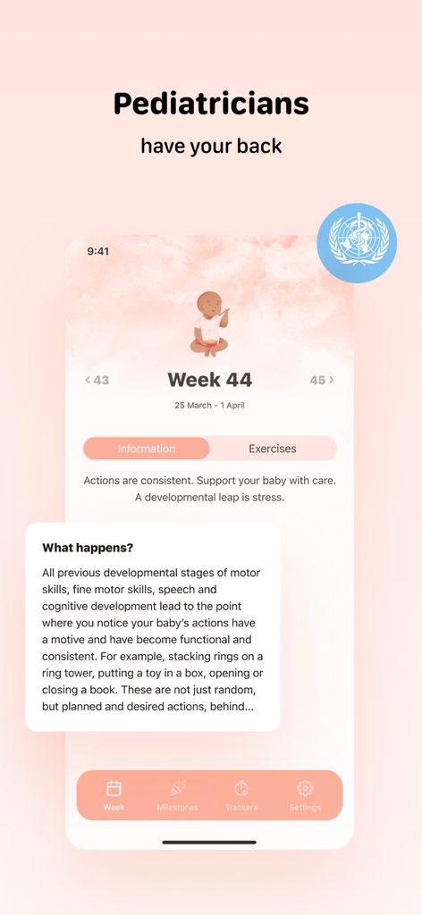 Baby Milestone Tracker Sprouty - Sproutyアプリの画面に、赤ちゃんの発達マイルストーンと小児科医が承認したガイダンスが表示されている様子