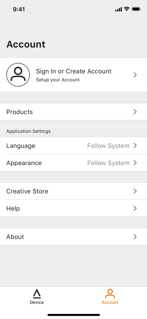 Account settings and profile menu in the Creative app