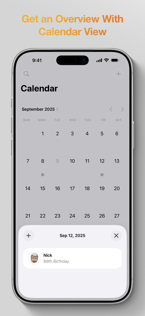 Birthdays: Birthday App - Interface of the Birthdays app showing a monthly calendar view with a birthday notification for Nick on September 12th