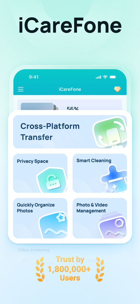 iCareFone app dashboard showing phone transfer and storage cleanup options