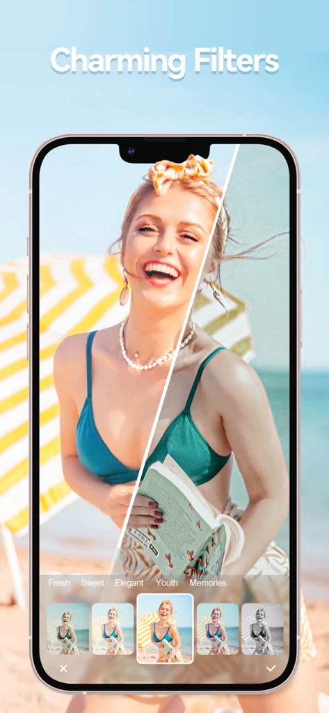 CamArt-Cut Out&Art Filters - Mobile app interface of CamArt showing a split screen comparison of a photo with and without a filter applied to a woman on a beach.