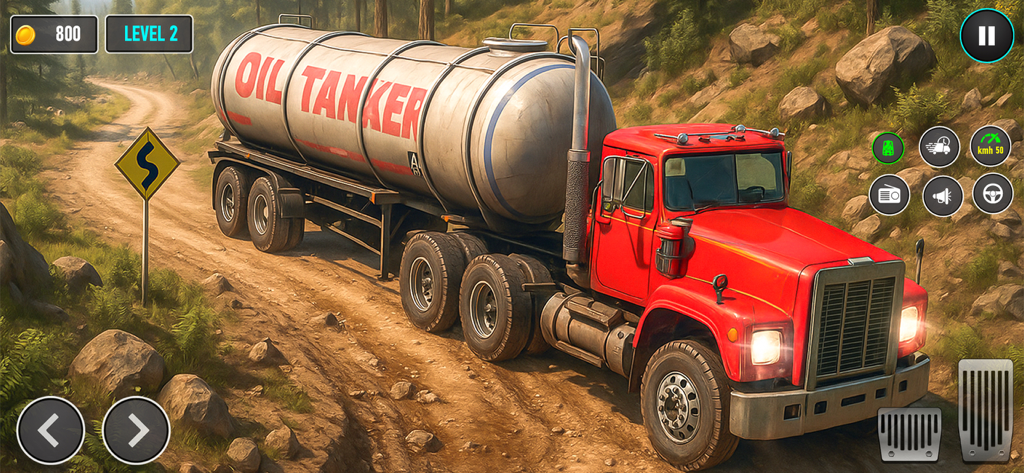 Oil Tanker Supply Truck 2025 - Red oil tanker truck driving on a mountain dirt road in a simulator game