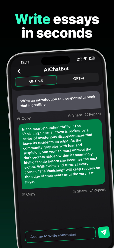 AI Smart ChatBot: Ask Anything - Mobile screen of AI Smart ChatBot app generating creative writing with the headline Write essays in seconds
